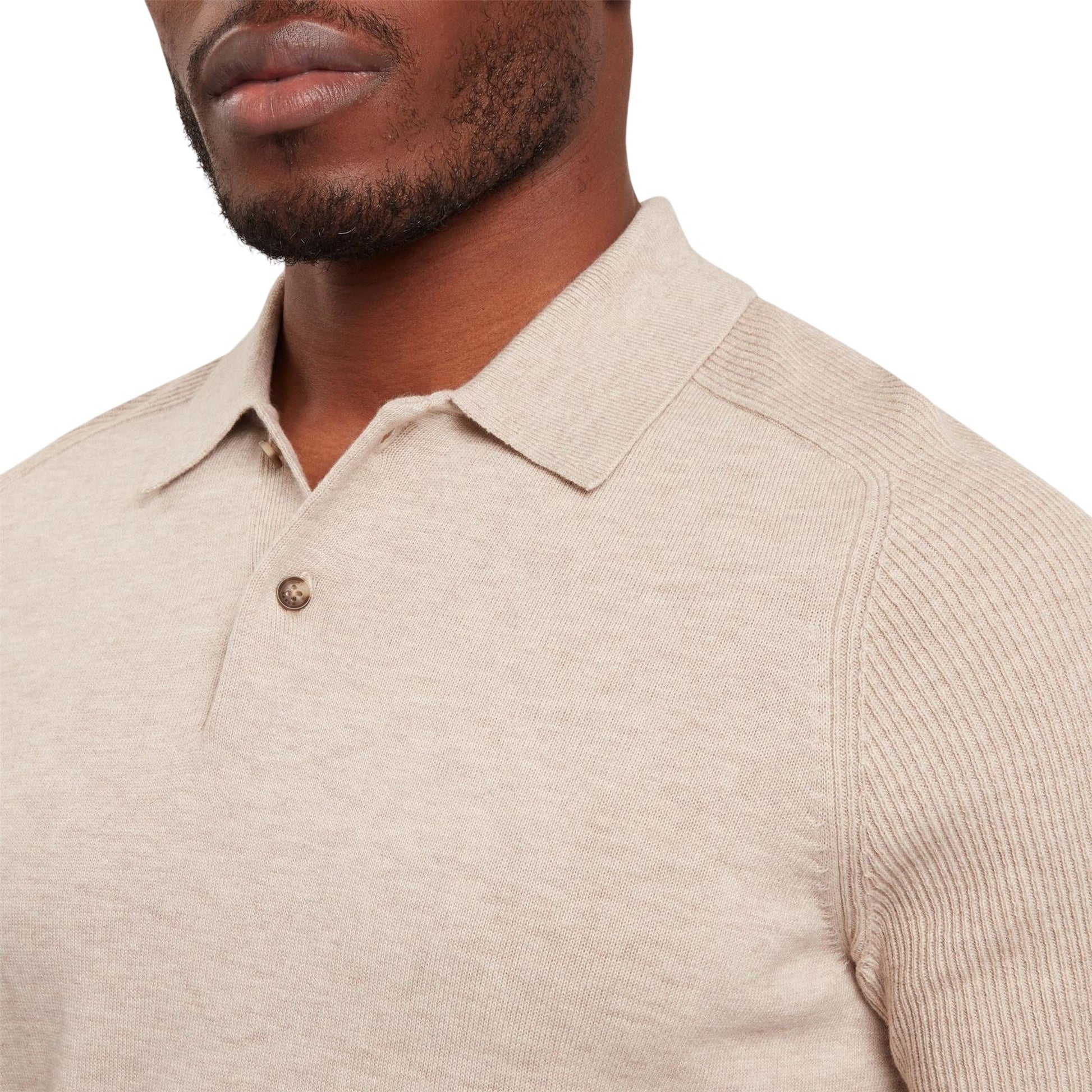 Taupe - Side - Ted Baker Mens Ribbed Raglan Polo Shirt
