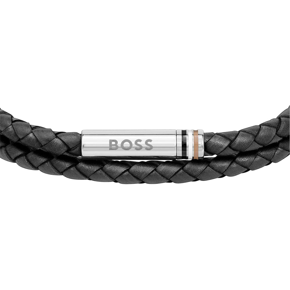 Black - Back - Boss Mens Ares Leather Braided Bracelet