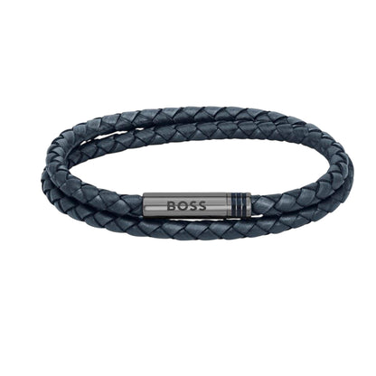 Blue - Front - Boss Mens Ares Leather Braided Bracelet