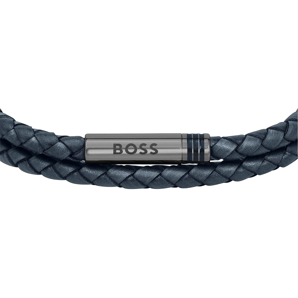 Blue - Back - Boss Mens Ares Leather Braided Bracelet