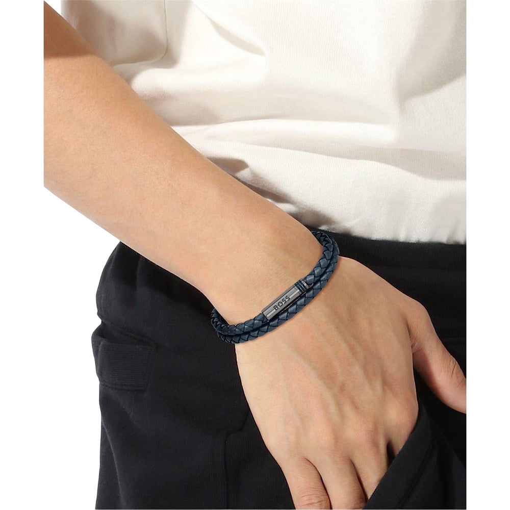 Blue - Side - Boss Mens Ares Leather Braided Bracelet