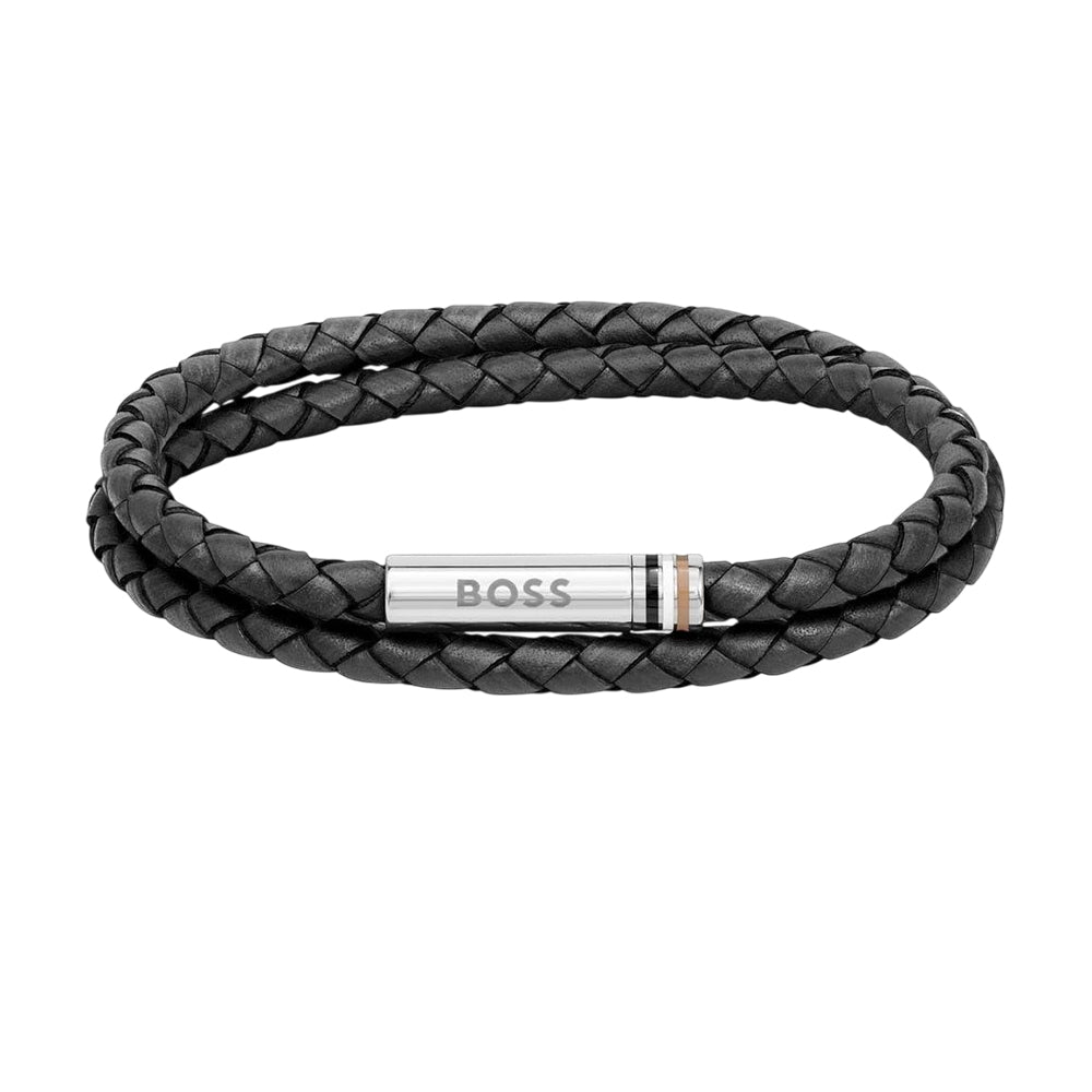 Black - Front - Boss Mens Ares Leather Braided Bracelet