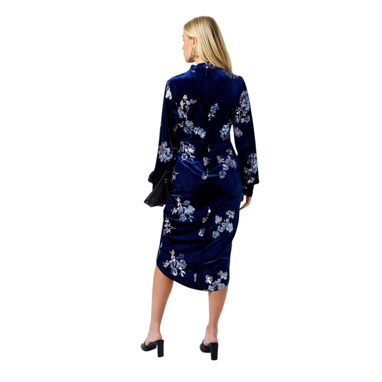 Navy - Back - Biba Womens-Ladies Floral Velvet Embellished Wrap Dress