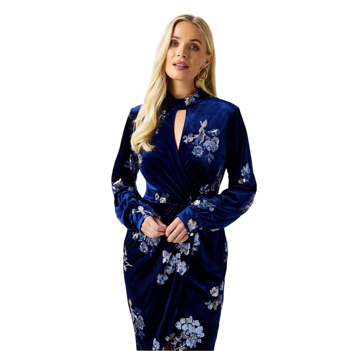 Navy - Side - Biba Womens-Ladies Floral Velvet Embellished Wrap Dress