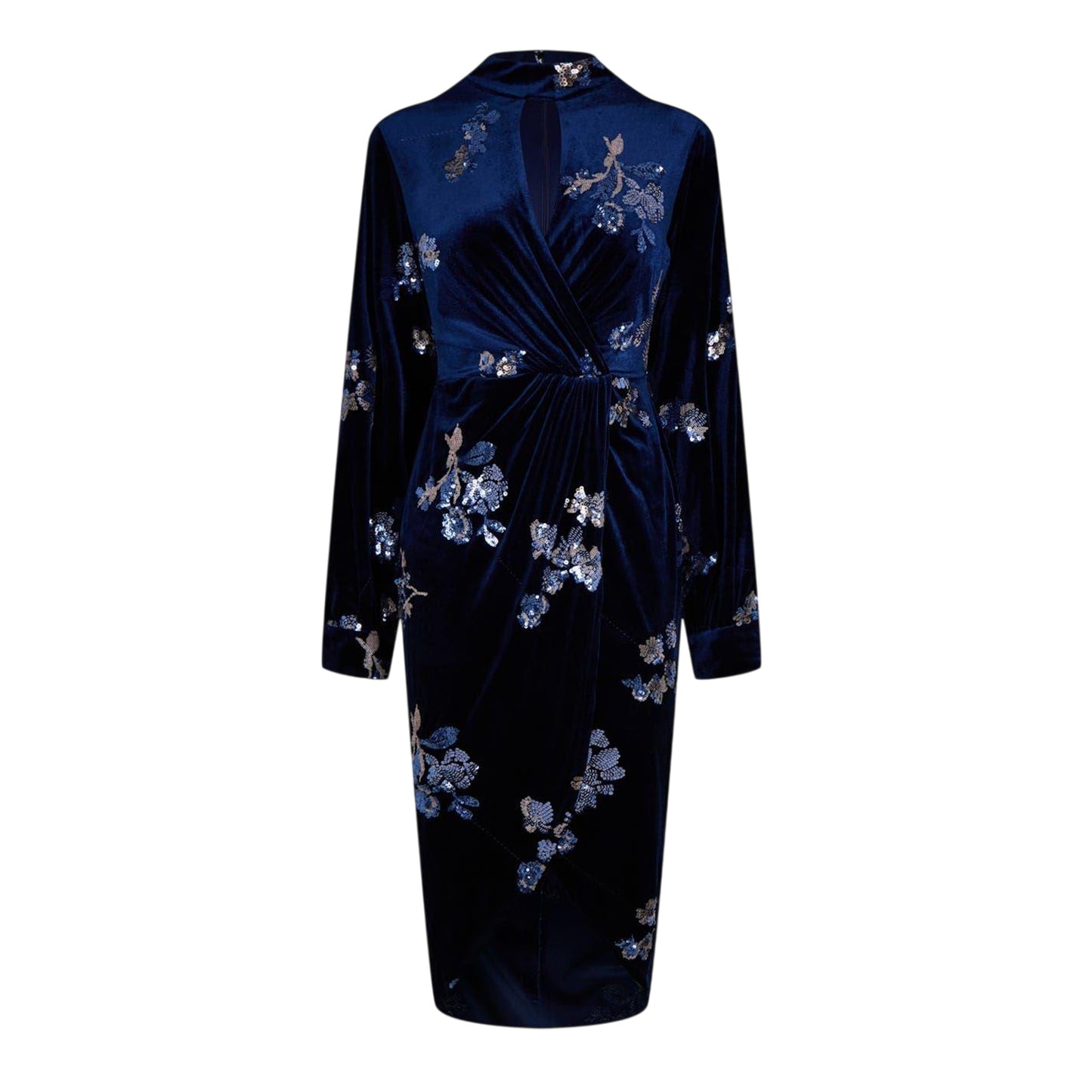 Navy - Front - Biba Womens-Ladies Floral Velvet Embellished Wrap Dress