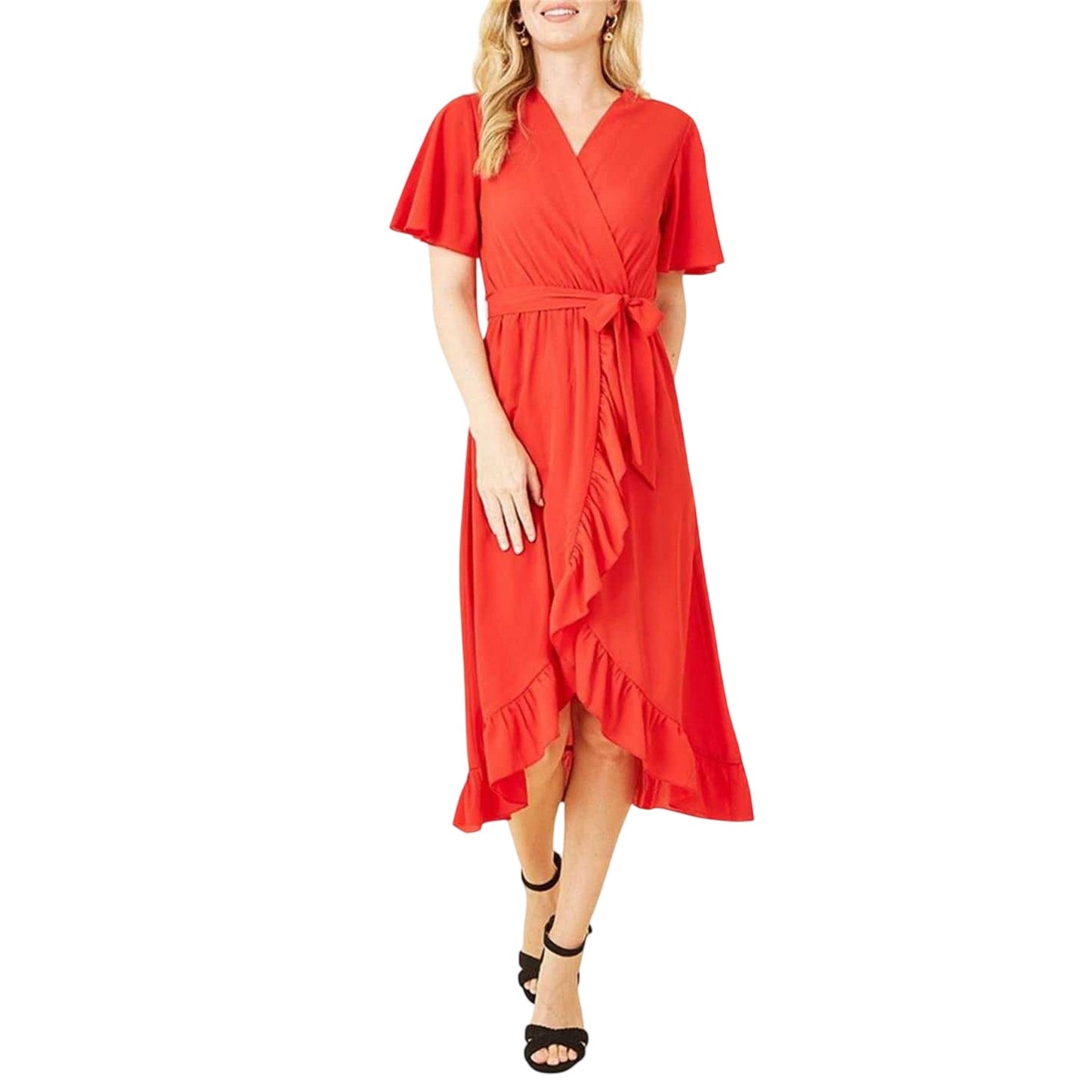 Red - Side - Mela London Womens-Ladies Flutter Wrap Dress