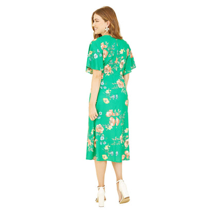 Green - Back - Yumi Womens-Ladies Floral Pattern Kimono Sleeve Wrap Dress