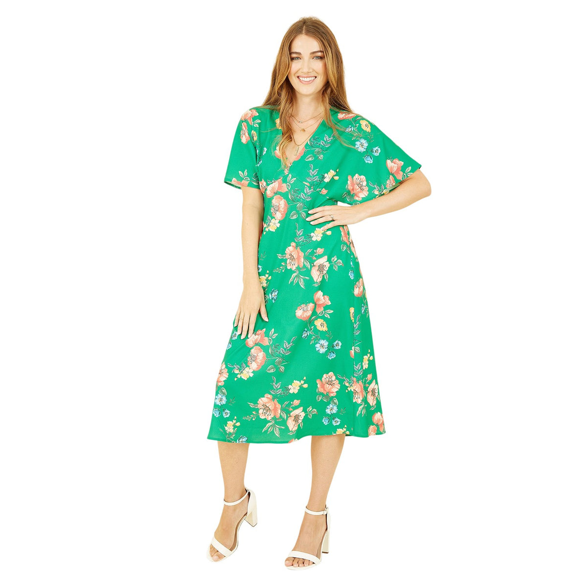 Green - Side - Yumi Womens-Ladies Floral Pattern Kimono Sleeve Wrap Dress