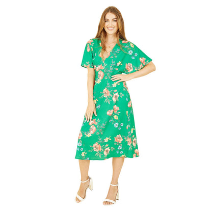 Green - Side - Yumi Womens-Ladies Floral Pattern Kimono Sleeve Wrap Dress