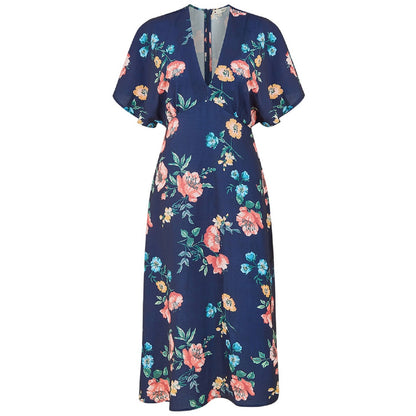 Navy - Front - Yumi Womens-Ladies Floral Pattern Kimono Sleeve Wrap Dress