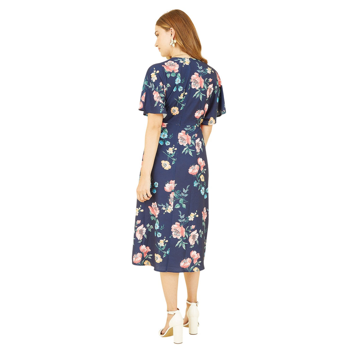 Navy - Back - Yumi Womens-Ladies Floral Pattern Kimono Sleeve Wrap Dress