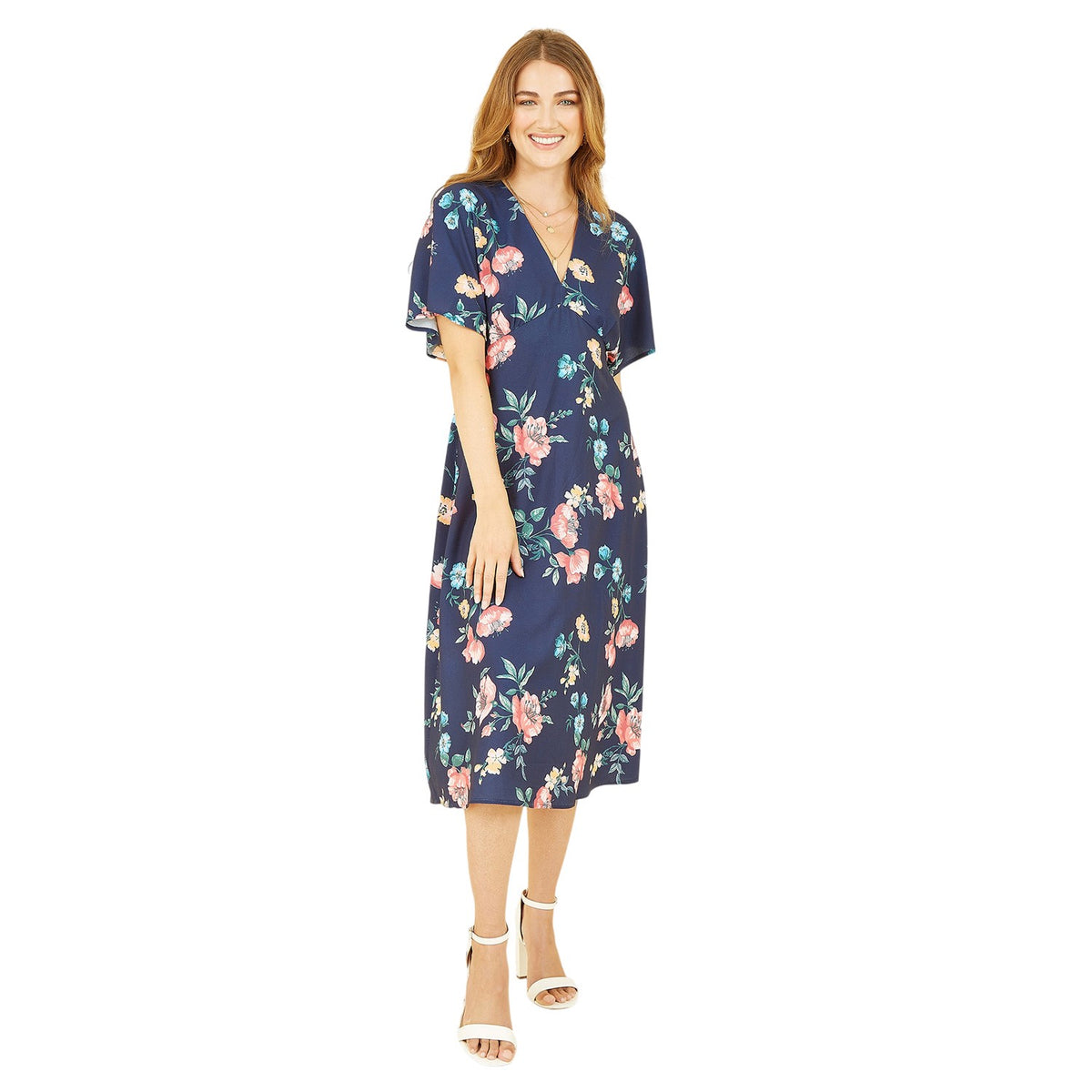 Navy - Side - Yumi Womens-Ladies Floral Pattern Kimono Sleeve Wrap Dress