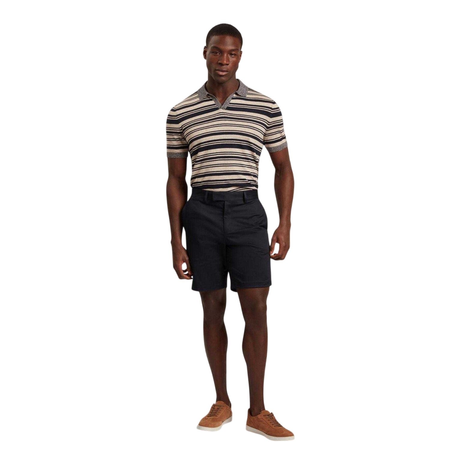 Beige-Navy-Grey - Side - Ted Baker Mens Striped Linen Blend Short-Sleeved Polo Shirt