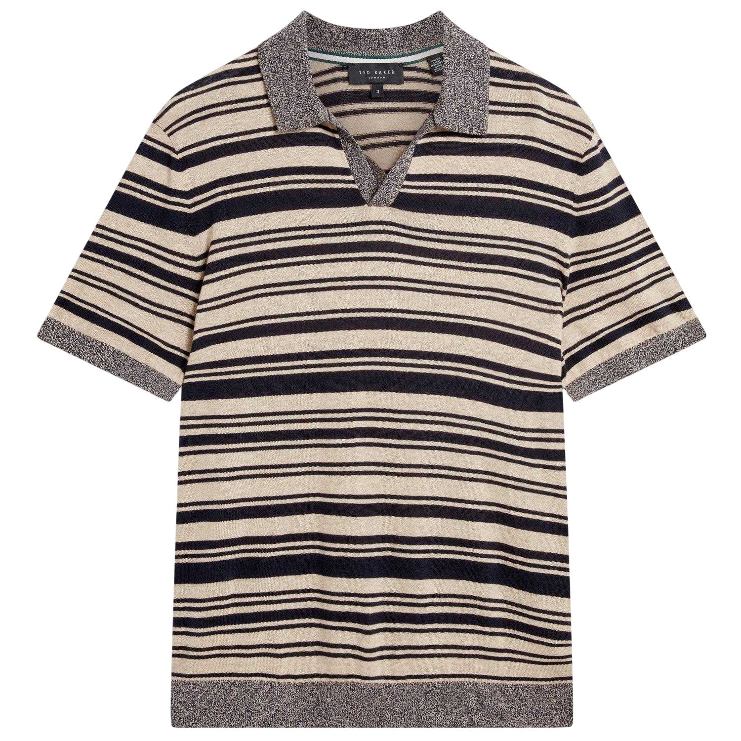 Beige-Navy-Grey - Front - Ted Baker Mens Striped Linen Blend Short-Sleeved Polo Shirt