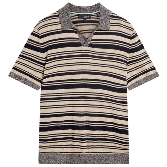 Beige-Navy-Grey - Front - Ted Baker Mens Striped Linen Blend Short-Sleeved Polo Shirt