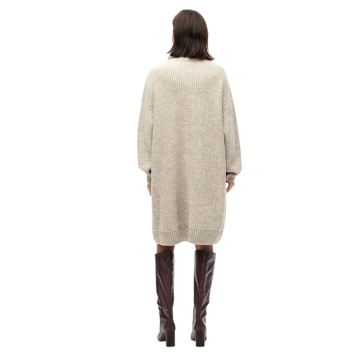 Light Grey - Back - Superdry Womens-Ladies Knee Length Knitted Turtle Neck Sweater Dress