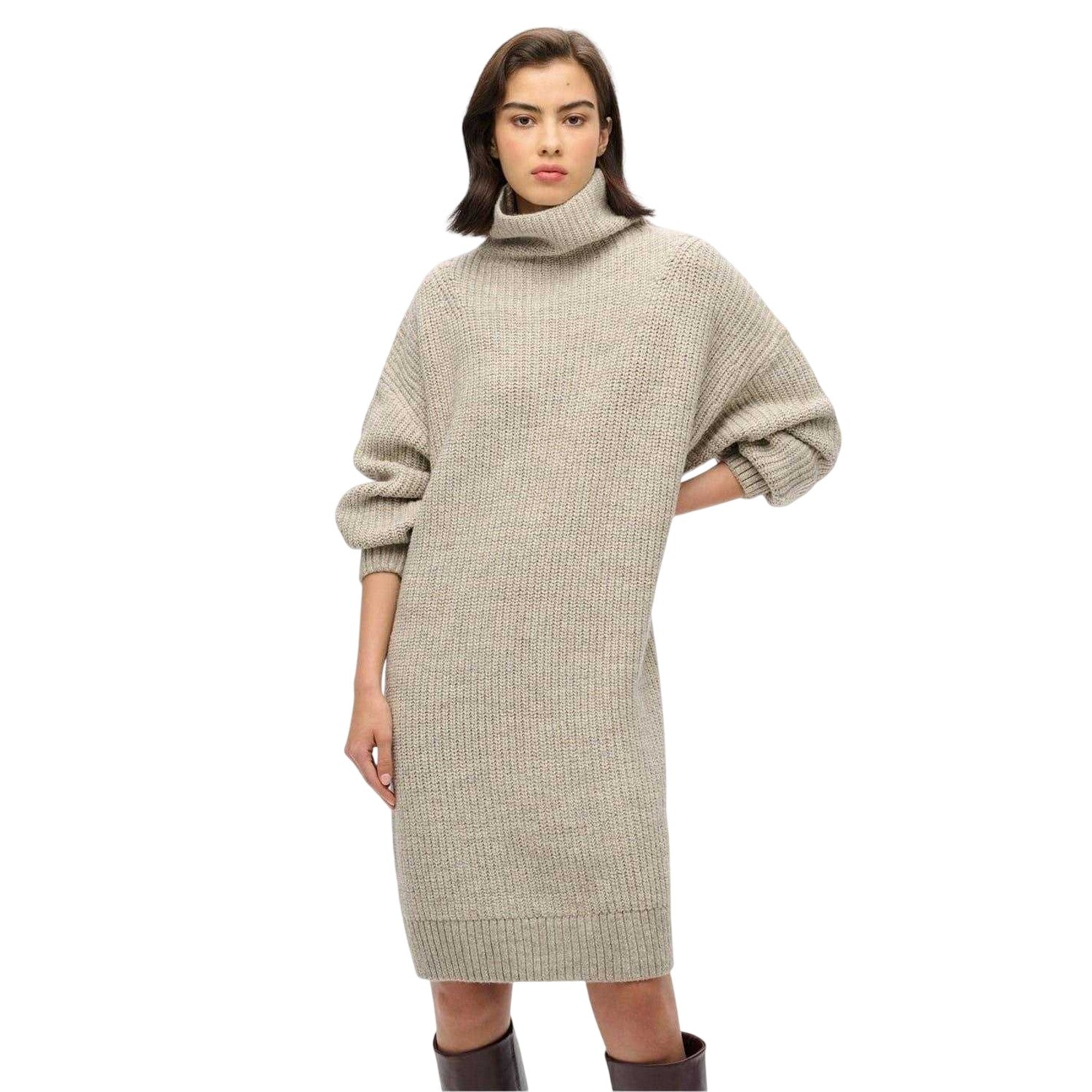 Light Grey - Side - Superdry Womens-Ladies Knee Length Knitted Turtle Neck Sweater Dress