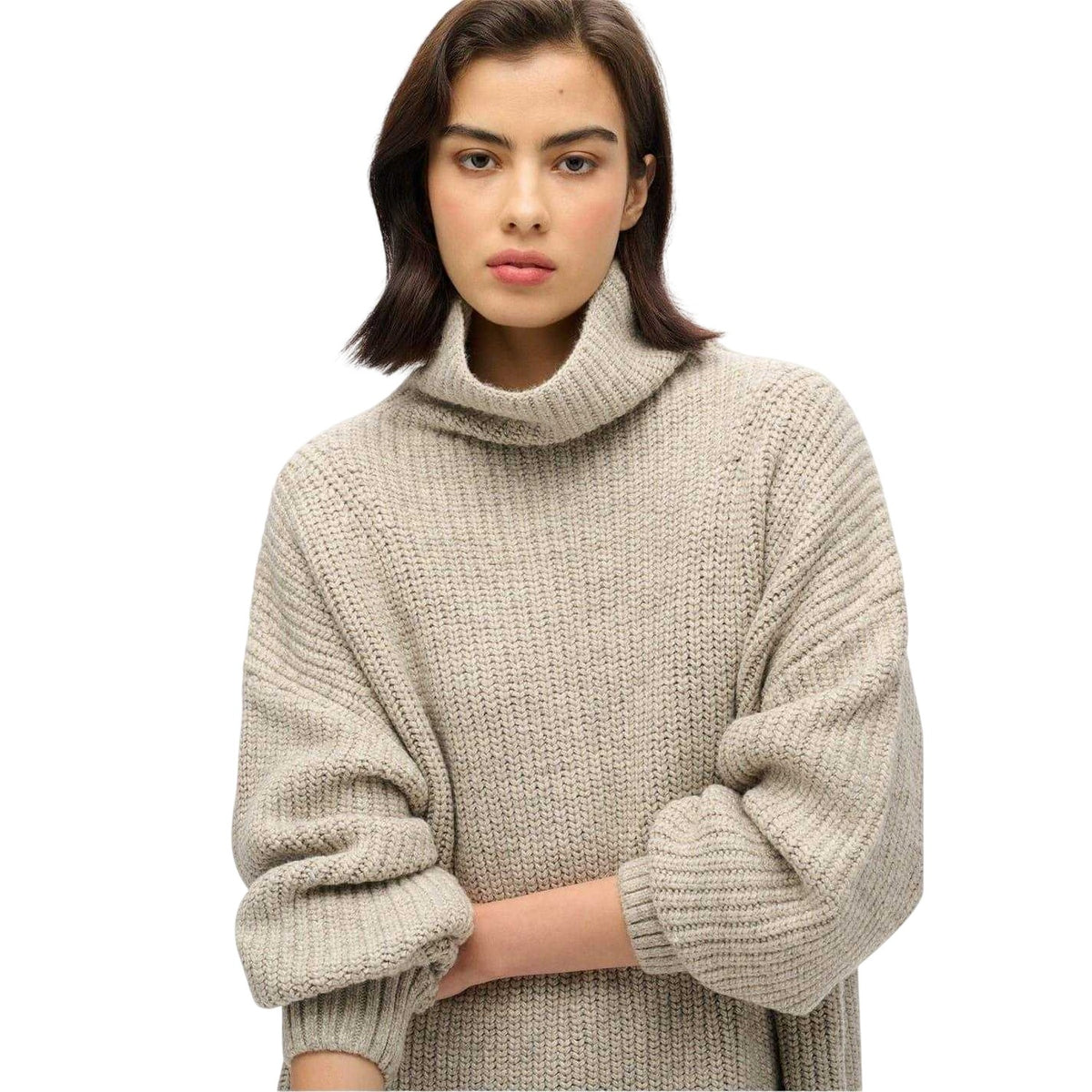 Light Grey - Lifestyle - Superdry Womens-Ladies Knee Length Knitted Turtle Neck Sweater Dress