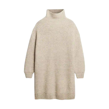 Light Grey - Front - Superdry Womens-Ladies Knee Length Knitted Turtle Neck Sweater Dress
