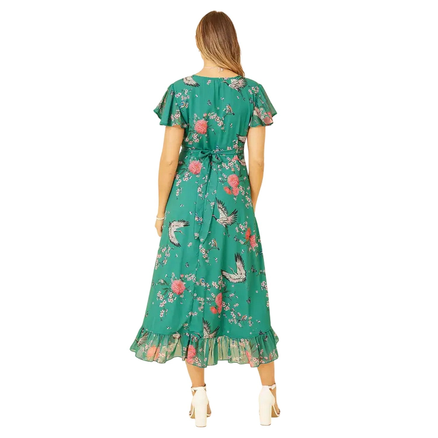 Green - Back - Yumi Womens-Ladies Crane V Neck Wrap Dress