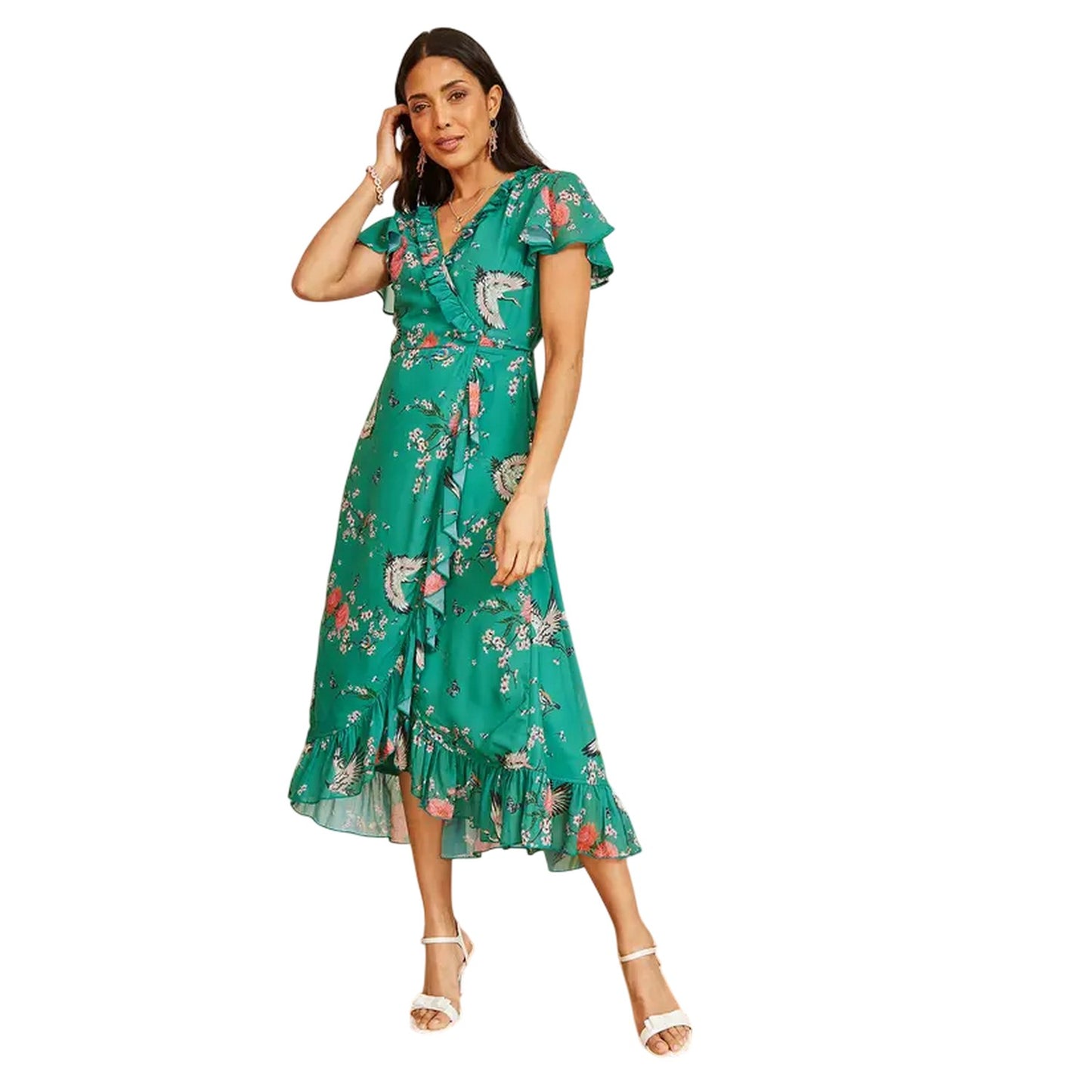 Green - Side - Yumi Womens-Ladies Crane V Neck Wrap Dress