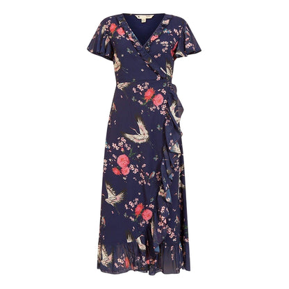 Navy - Front - Yumi Womens-Ladies Crane V Neck Wrap Dress
