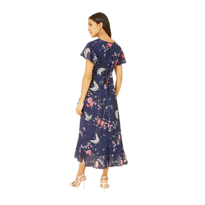 Navy - Back - Yumi Womens-Ladies Crane V Neck Wrap Dress