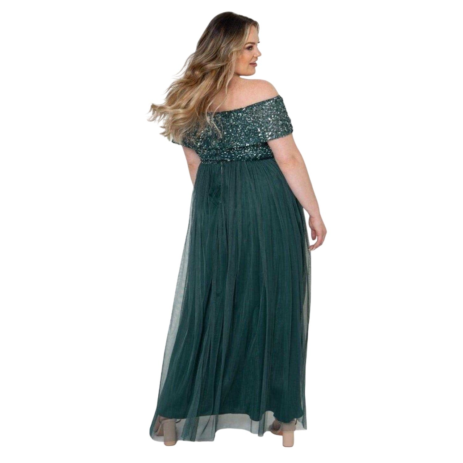 Emerald - Back - Deluxe Womens-Ladies Maxi Off Shoulder Gown