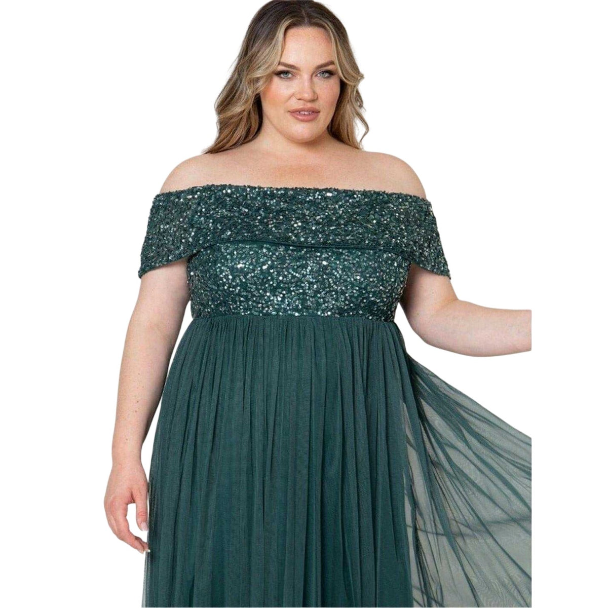 Emerald - Side - Deluxe Womens-Ladies Maxi Off Shoulder Gown