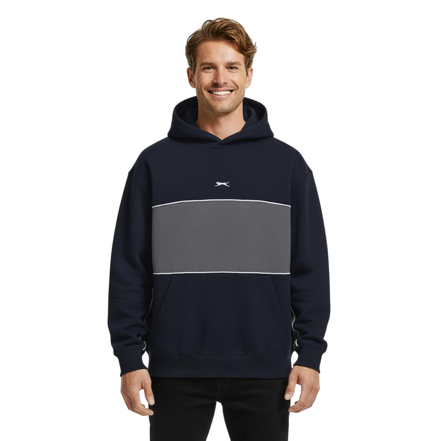 Navy - Side - Slazenger Mens Colour Block Drawstring Hoodie
