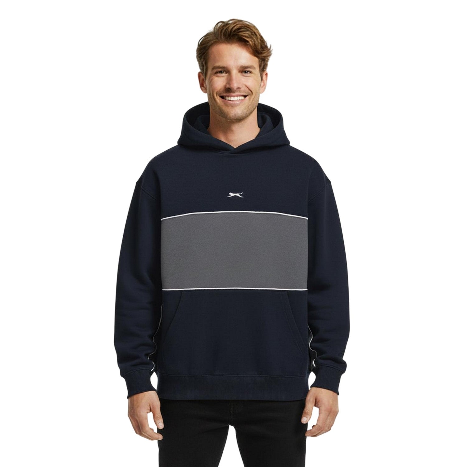 Navy - Side - Slazenger Mens Colour Block Drawstring Hoodie