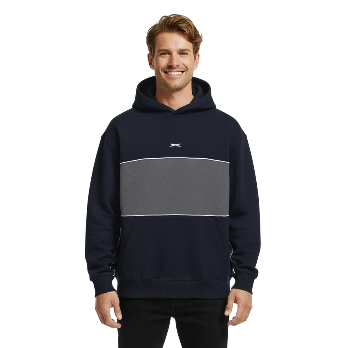 Navy - Side - Slazenger Mens Colour Block Drawstring Hoodie