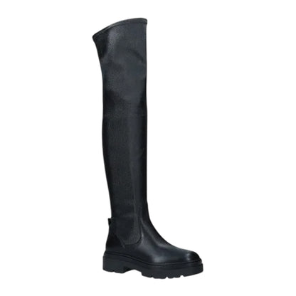 Black - Side - Diesel Womens-Ladies Leather Block Heel Thigh-High Boots