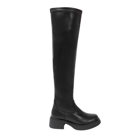Black - Front - Miso Womens-Ladies Synthetic Leather Low Block Heel Thigh-High Boots
