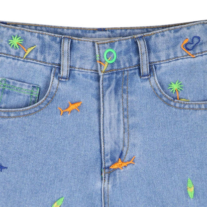 Denim - Side - Billieblush Childrens-Kids Denim Shark Embroidered Shorts