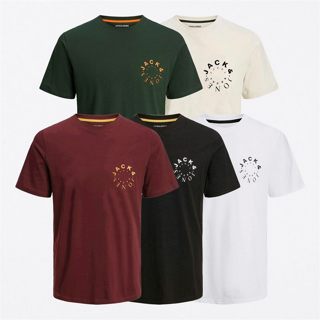 Brown-Black-Green-White-Grey - Front - Jack And Jones Mens Warrior L T-Shirt (Pack of 5)