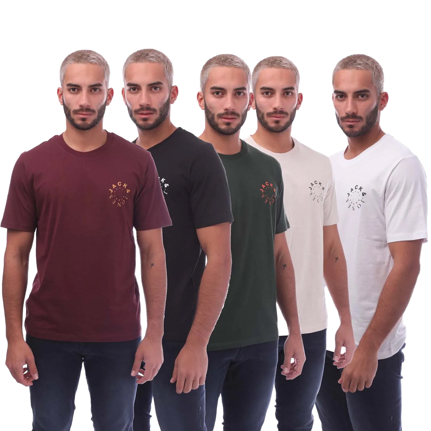 Brown-Black-Green-White-Grey - Back - Jack And Jones Mens Warrior L T-Shirt (Pack of 5)