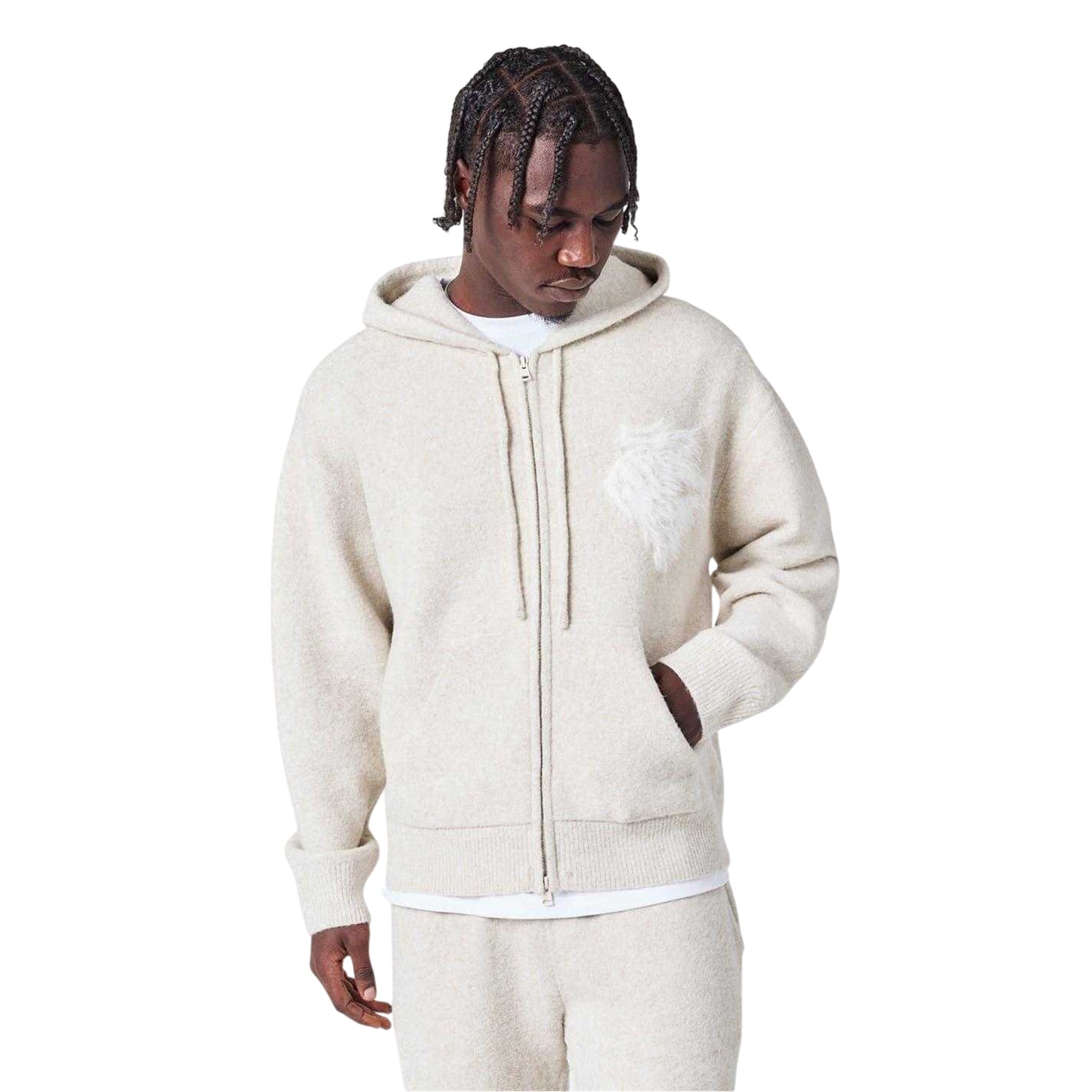 Beige - Side - Couture Club Mens Wool Blend Soft Full Zip Hoodie