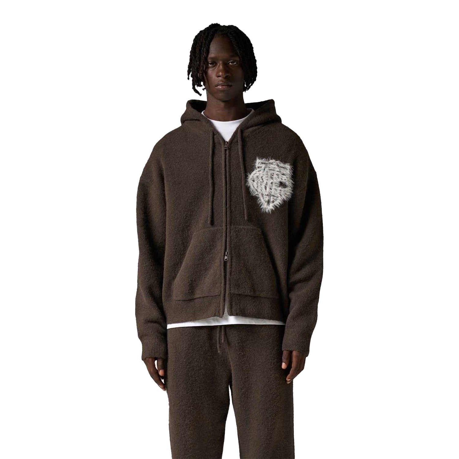 Brown - Side - Couture Club Mens Wool Blend Soft Full Zip Hoodie