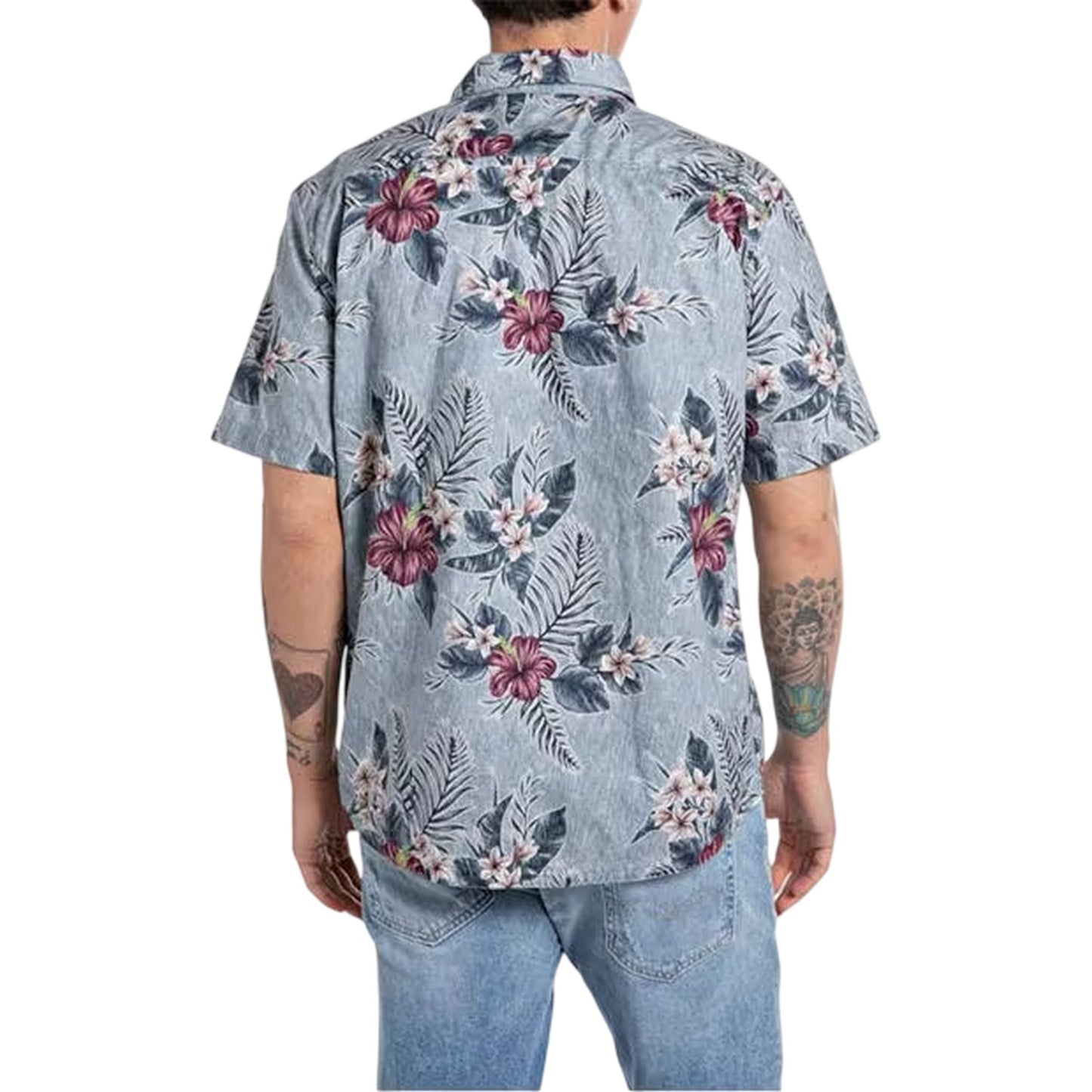 Blue - Back - Replay Mens Floral Regular Short-Sleeved Casual Shirt