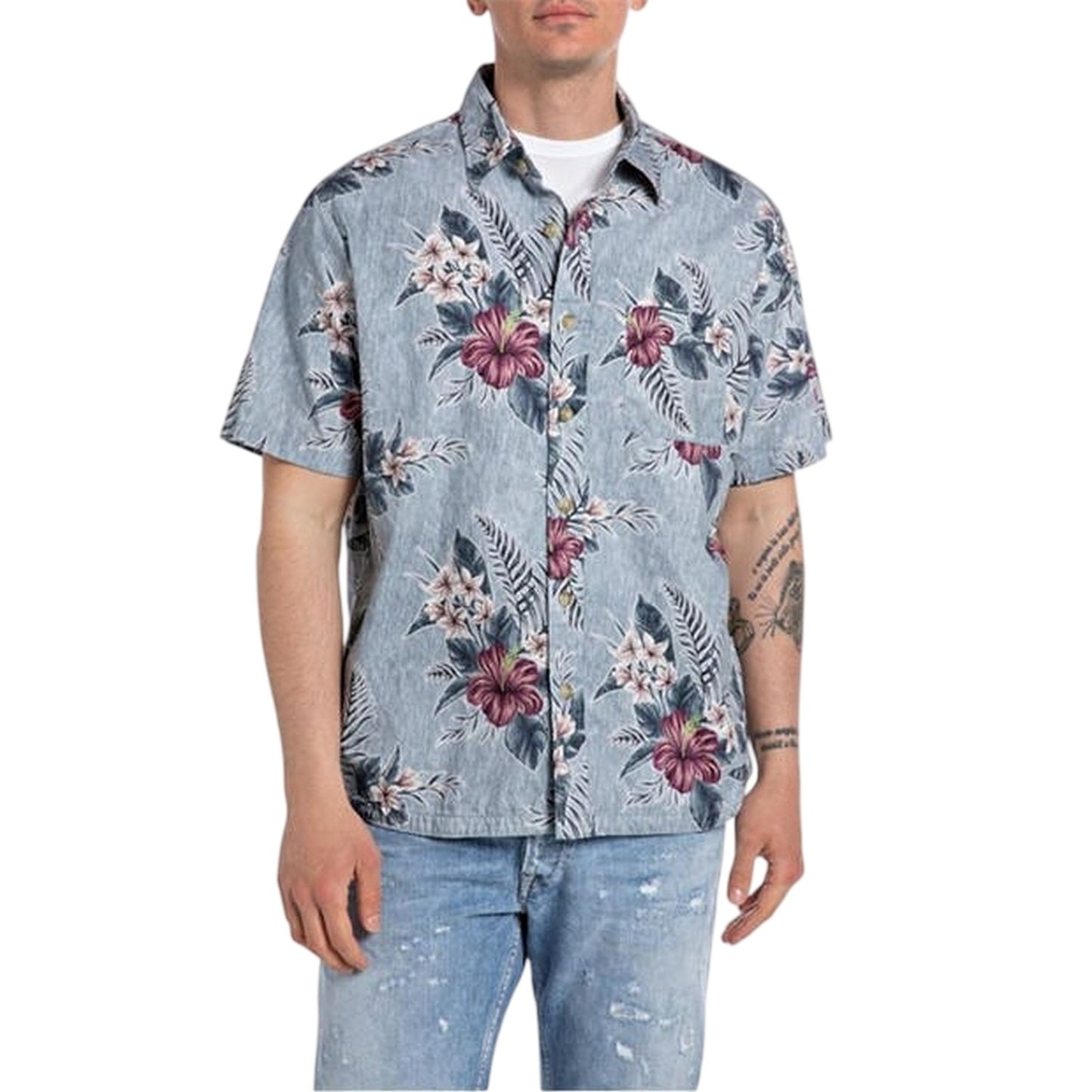Blue - Front - Replay Mens Floral Regular Short-Sleeved Casual Shirt