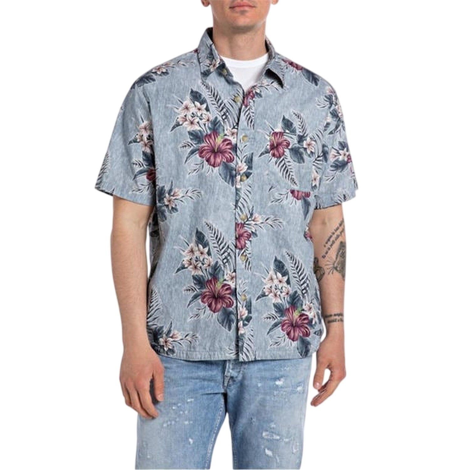 Blue - Front - Replay Mens Floral Regular Short-Sleeved Casual Shirt
