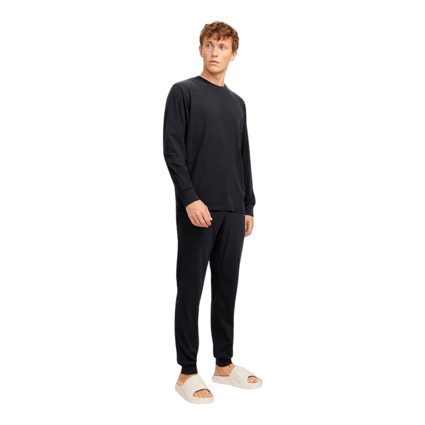 Black - Side - Jack And Jones Mens Combed Cotton Long-Sleeved Loungewear Set