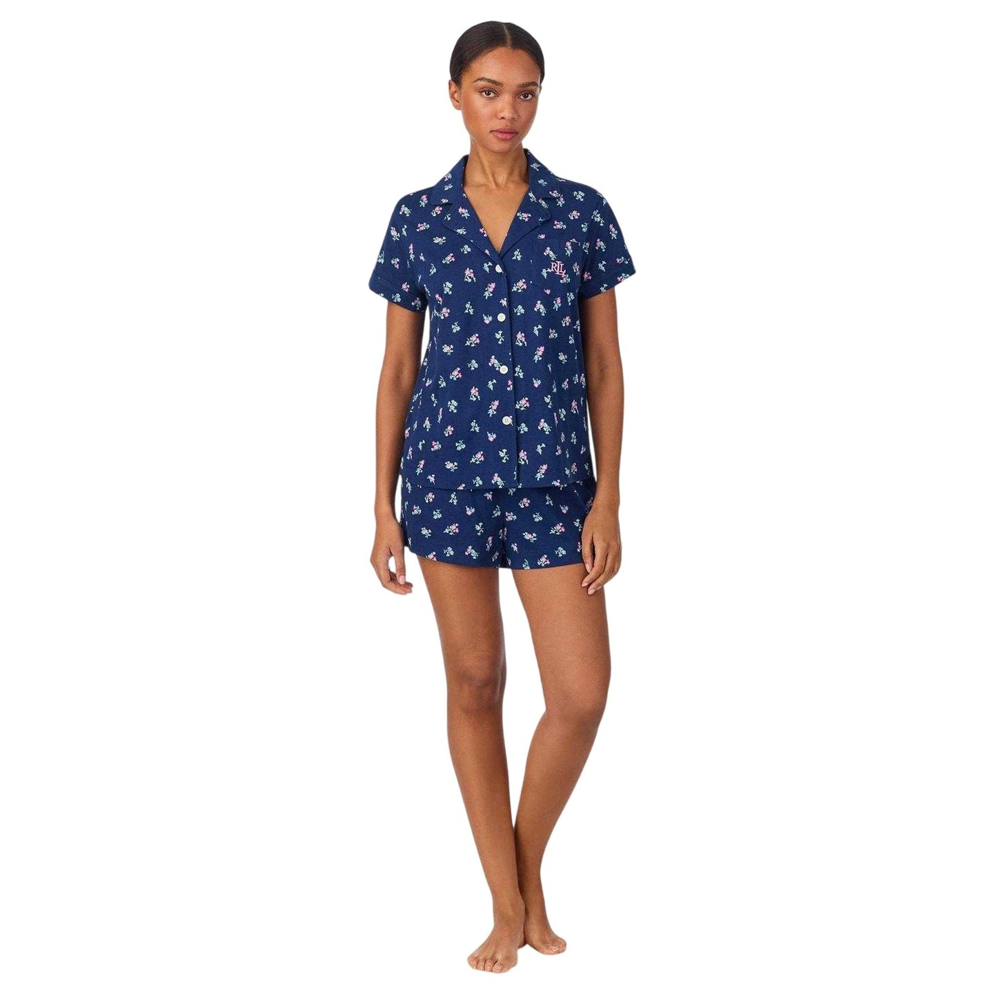 Navy - Front - Ralph Lauren Womens-Ladies Floral Notch Neck Short Pyjama Set