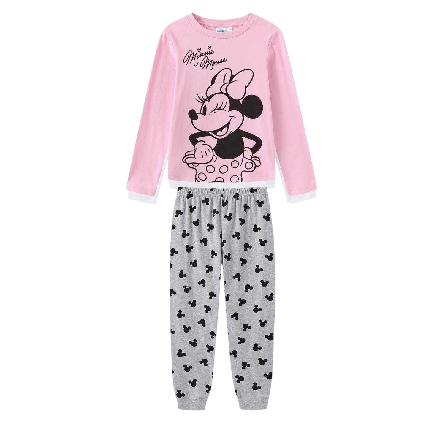 Pink-Grey - Front - Disney Girls Minnie Mouse Brushed Cotton Long Pyjama Set