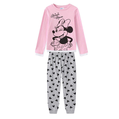 Pink-Grey - Front - Disney Girls Minnie Mouse Brushed Cotton Long Pyjama Set