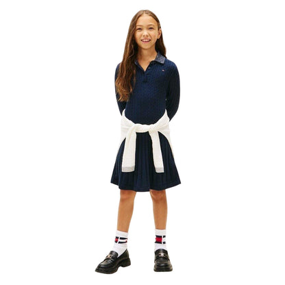 Dark Navy - Pack Shot - Tommy Hilfiger Girls Cable Knit Long-Sleeved Sweater Dress