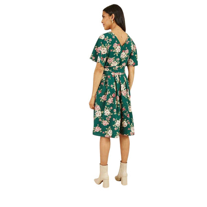 Green - Back - Mela London Womens-Ladies Floral V Neck Wrap Dress