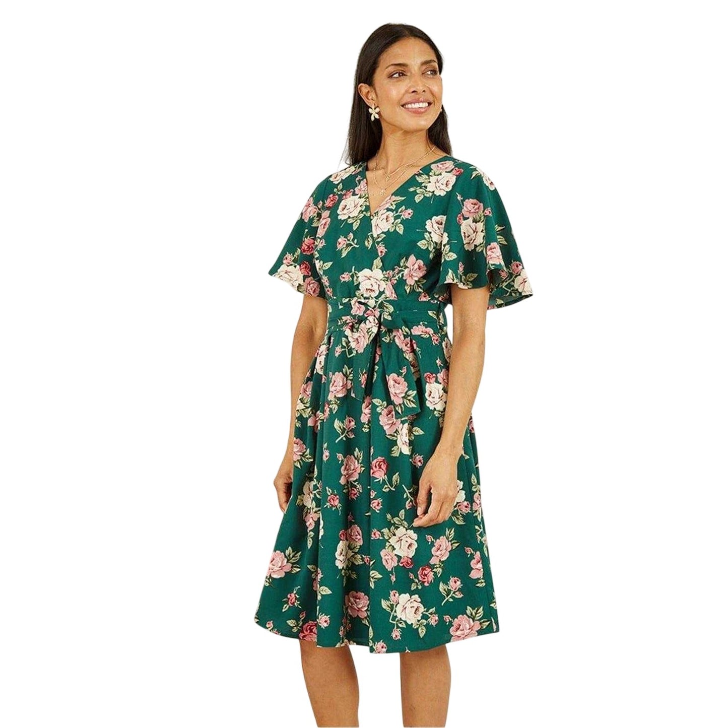 Green - Side - Mela London Womens-Ladies Floral V Neck Wrap Dress