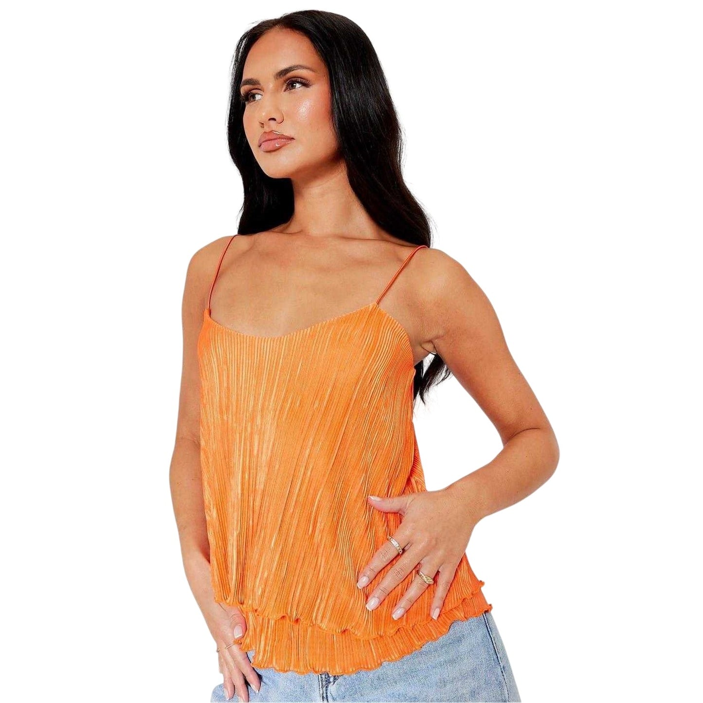 Orange - Side - I Saw It First Womens-Ladies Layered Plisse Spaghetti Strap Camisole